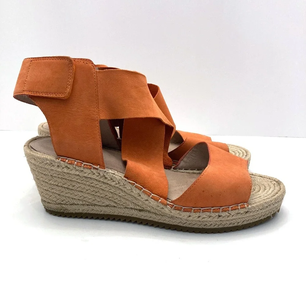 Eileen Fisher Orange Leather‎ Espadrille 'Willow' Wedge Heel Sandals Womens 9.5
